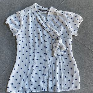 Sheer white blouse with blue polka dots
